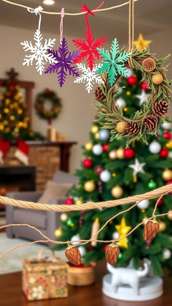 A collection of no-glue DIY Christmas decorations including paper snowflakes, a natural wreath, and a twine garland in a festive living room.